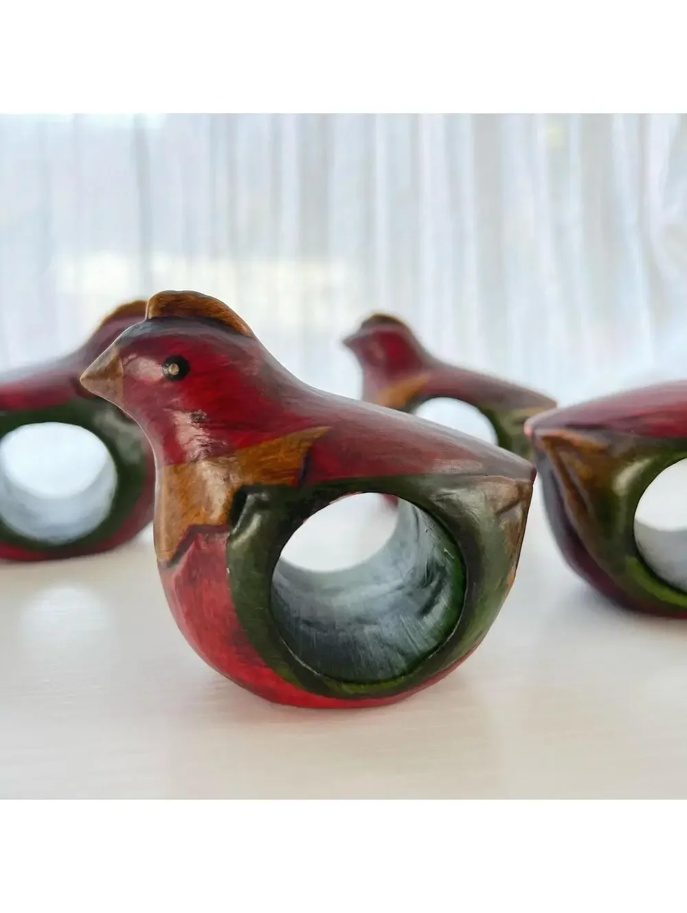 Pier 1 Imports Hand Painted Wood Bird Napkin Rings Set of 4 Red Cardinal Figural